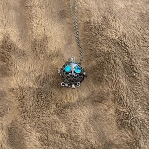 Elegant Silver Owl Pendant locket Necklace with Lava Rock ball and Blue Accents